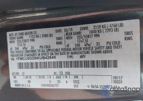 2019 Ford Escape Se из США, поврежденный, VIN 1FMCU9GD8KUB42845